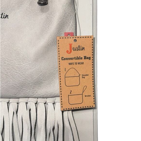 NWT! Justin Women's White Western Fringe Convertible Mini Shoulder Wristlet Bag - Picture 4 of 6